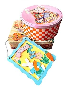 Easter Bunny Spring Decor Lot | Welcome Sign & Tin Boxes